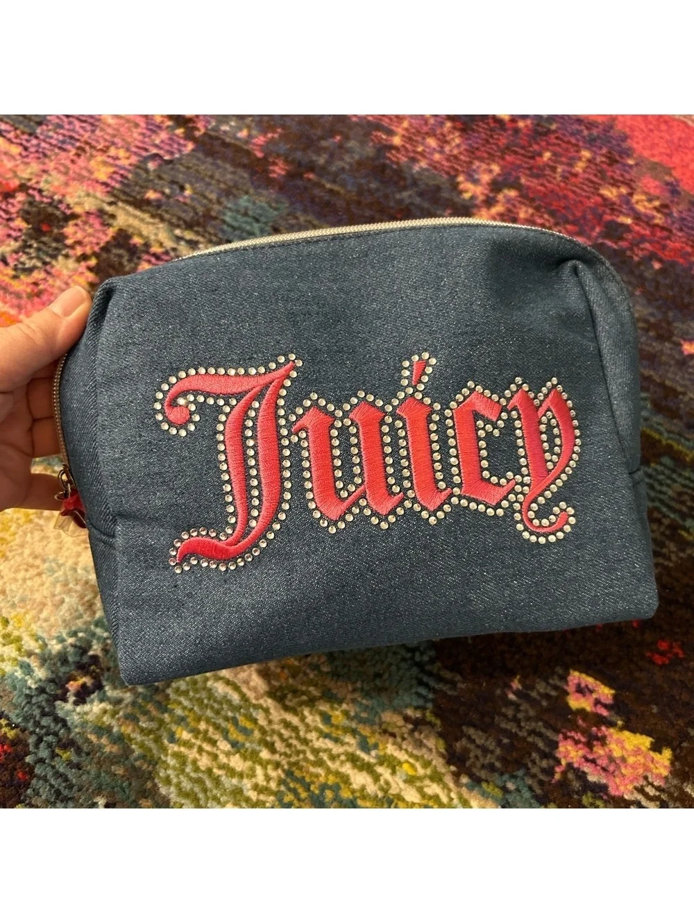 Juicy Couture Denim Pink Embroidered Cosmetic Bag & Toiletry Bottle NEW